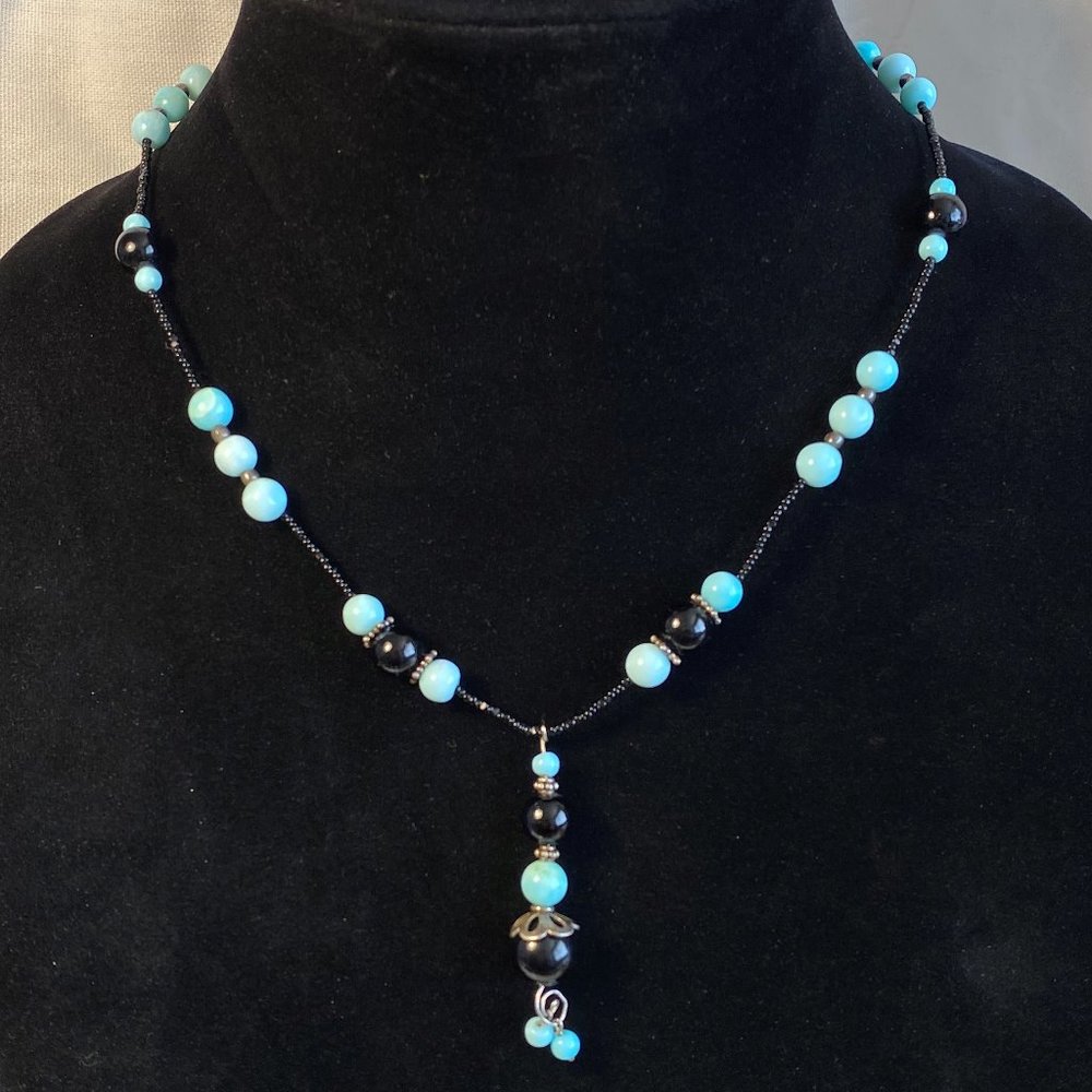 Onyx & Turquoise Sterling Beaded Pendant Necklace